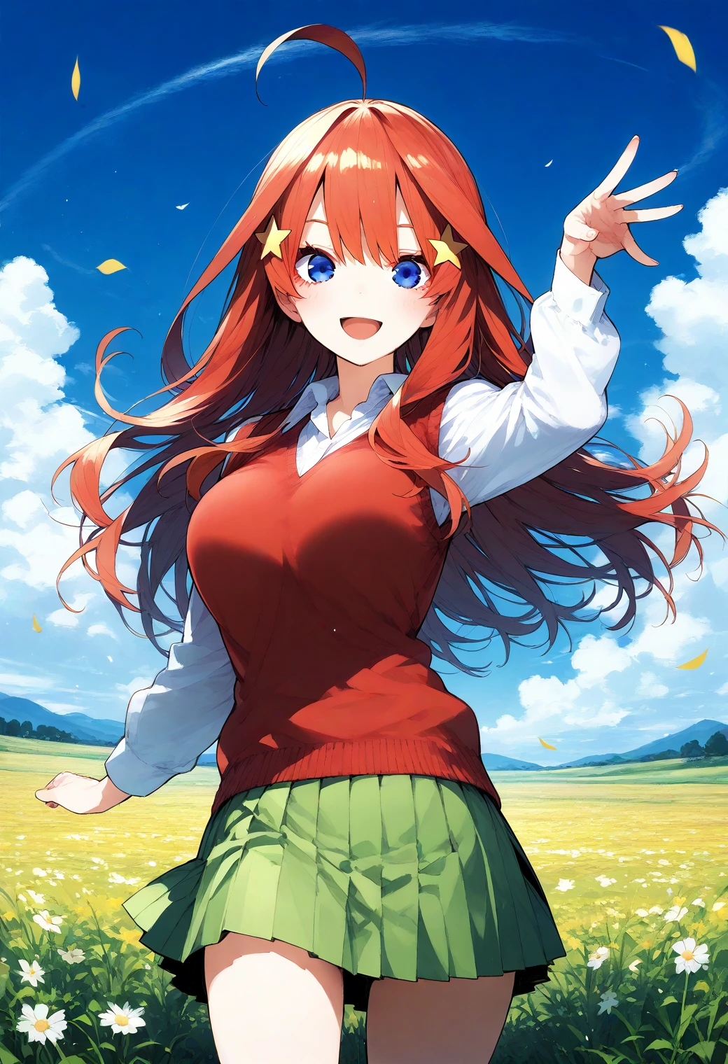 1girl, solo, (field:1.2), (blue sky:1.2), large breasts, smile, (cowboy shot, dynamic pose:1.4), 
nakano_itsuki, blue eyes, red hair, long hair, ahoge, hair ornament, red sweater, sweater vest, collared shirt, long sleeves, green skirt, pleated skirt, <lora:nakano_itsuki_pony_ver2:0.7>, score_9, score_8_up, score_7_up, source_anime, best quality, uncensored, rating_safe,