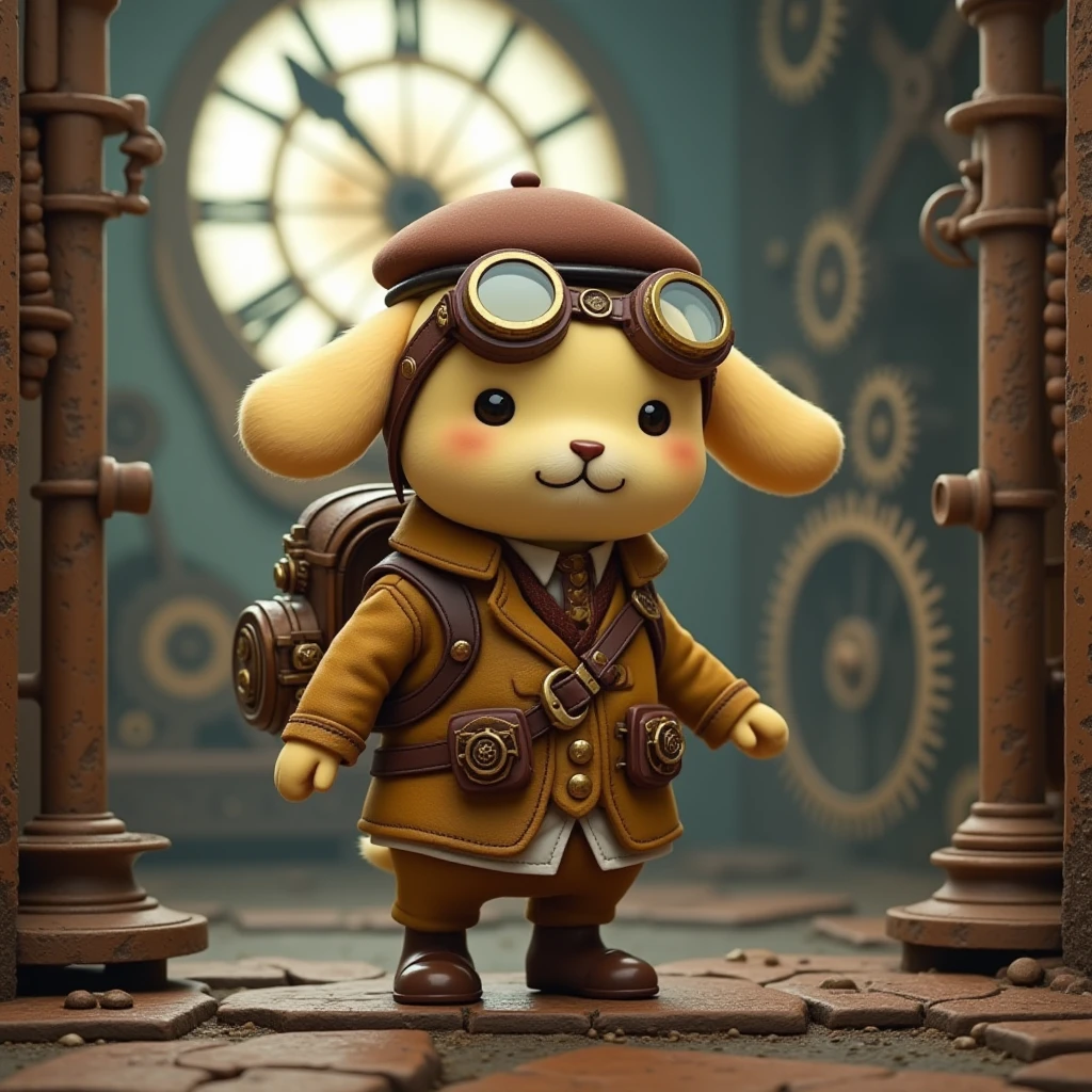 POMPOMPURIN dressed in a steampunk outfit, complete with goggles, a small mechanical backpack, his signature floppy ears, and a brown beret. He is exploring an old, rusted clock tower with gears and cogs in the background, surrounded by the intricate, mechanical details of the steampunk setting.