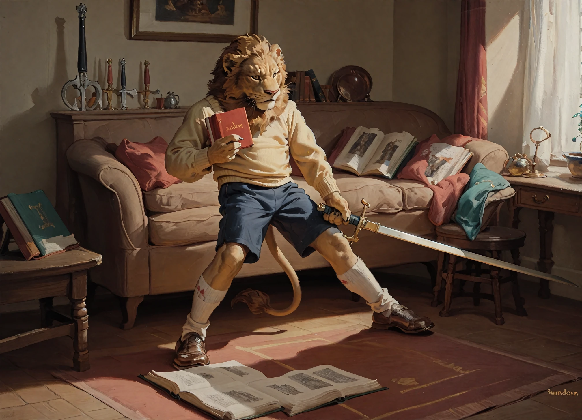 <lora:sundblom_pony_v1:1> ' a lion ' by haddon sundblom in 1960,1boy,holding,male focus,weapon,shorts,socks,indoors,holding weapon,book,holding,general, score_9, score_6_up, score_7_up, source_furry