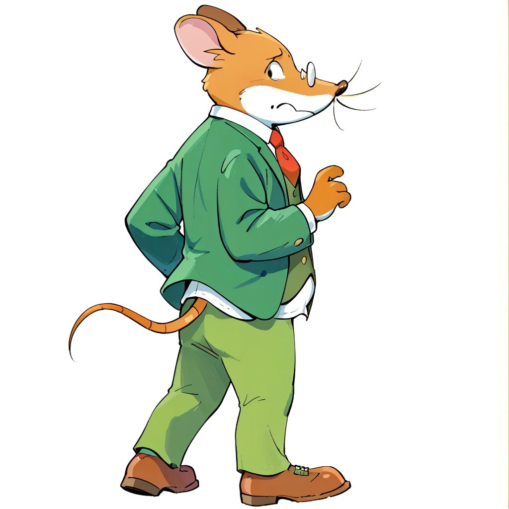 <lora:Geronimo_Stilton_-_Pony_XL:1> score_5_up, Score_6_up, Score_7_up, watercolor \(medium\), Geronimo stilton, 1boy, solo, male, furry, orange fur, white belly, white muzzle, whiskers, glasses, red necktie, green jacket, green vest, green pants, brown shoes, rat tail, black eyes, standing, white background, embarrassed, from behind, rear view,