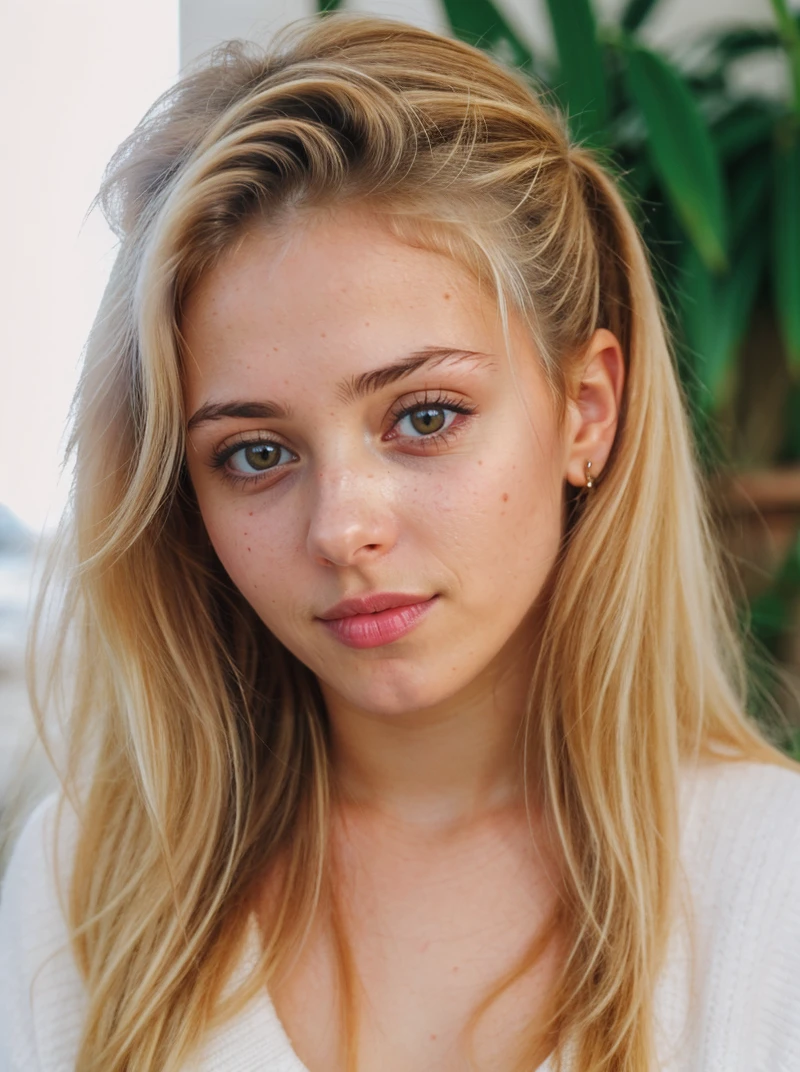 A photorealistic portrait of woman, russian origins, having green eyes, blond staight hair, wearing a white t-shirt and denim shorts ::Shot on a Canon EOS 5D Mark IV with a 200mm f/1.4L IS USM lens, capturing rich tonality, exceptional sharpness, and a smooth bokeh background ::1 High-resolution ::Shot from above, looking up, emphasizing her raw emotion and vulnerability ::Wallpaper ratio, high-resolution, and dramatic contrast, worthy of a collector's edition prints :: --ar 16:9 --q 5 --v 5 --s 750