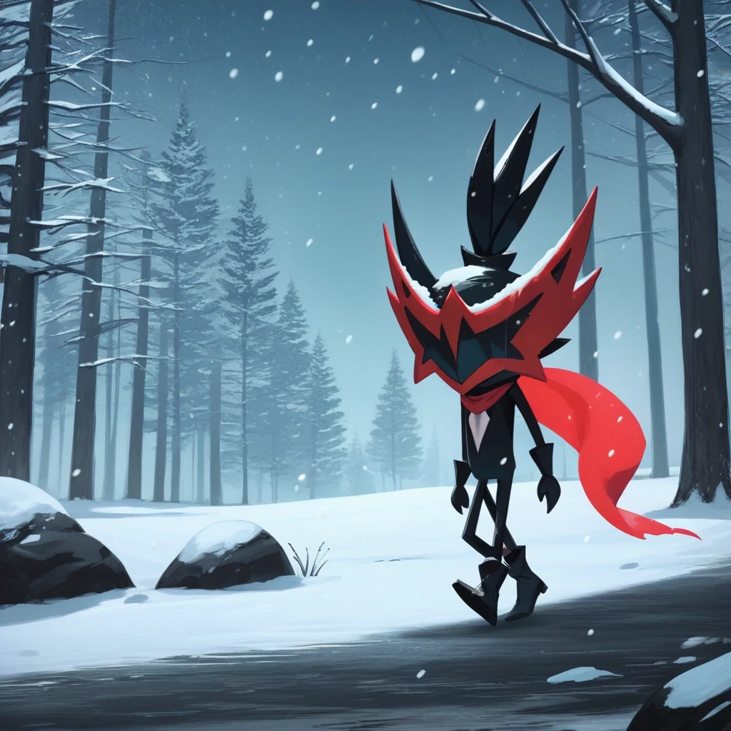 score_9,score_8,score_7, taterazay, mask, red cape, arms, high quality, hands, legs, boots, full body, background, highres, high resolution, blue sky, snowy area background, forest, snowing, epic, lonely, walking