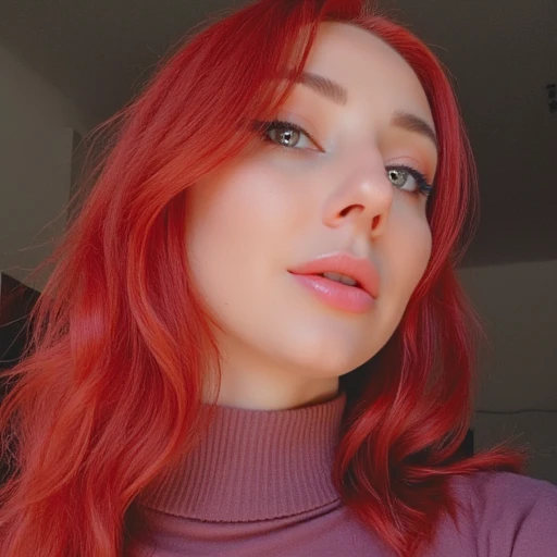 @Pureruby87, cosplayer, internet personality, realistic, lips, turtle neck, closed mouth, red hair,