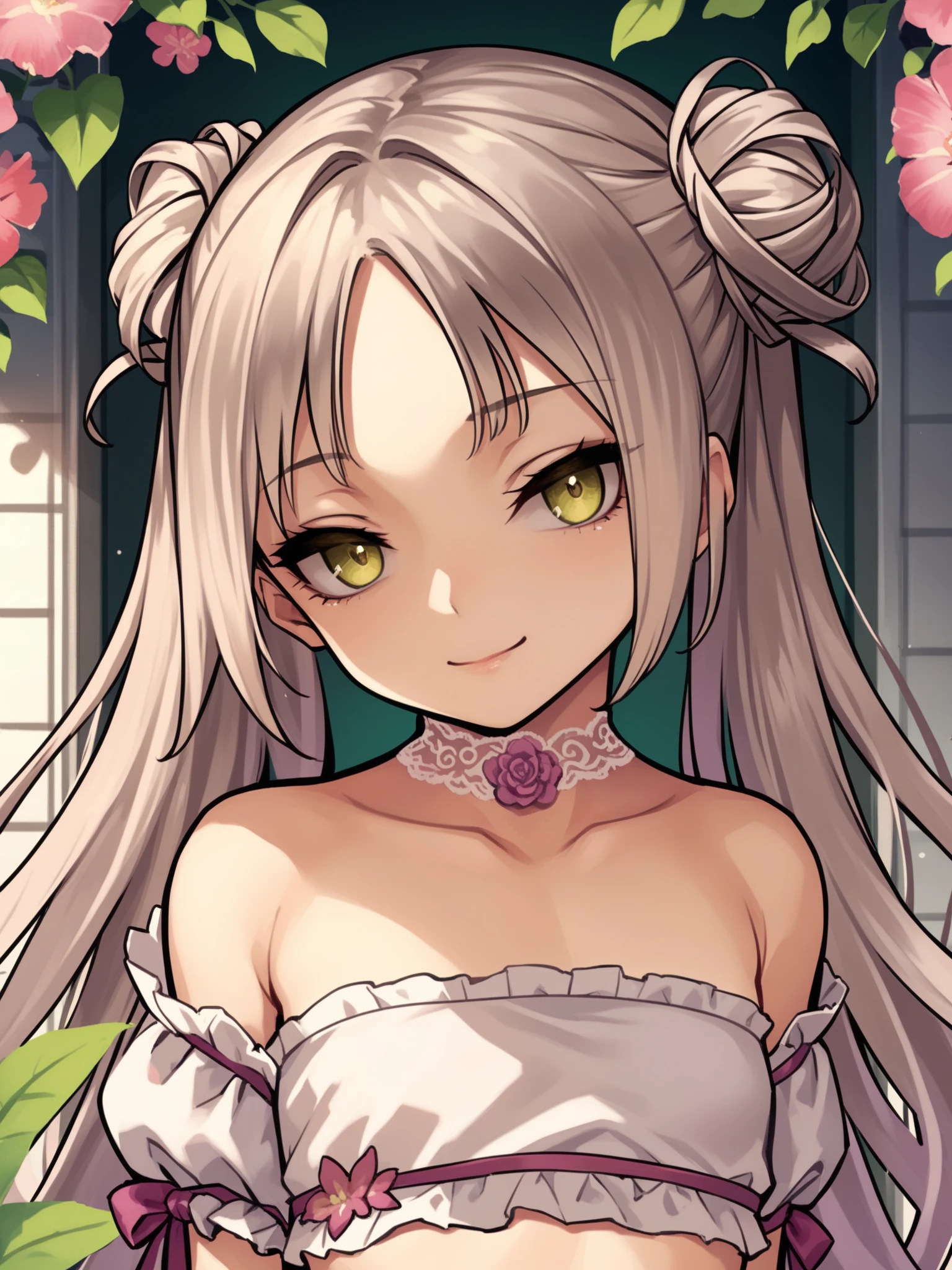 <lora:happy_tentacle-teshiko-v0.1-000044:0.9>, ht_teshiko, tube top, crop top, frills, detached sleeves, strapless, hair bun, double bun, flower choker , 1girl, solo, portrait , half-closed eyes , ( naughty face :1.2), , , , facing viewer , score_9, score_8_up, score_7_up, score_6_up, score_5_up, score_4_up