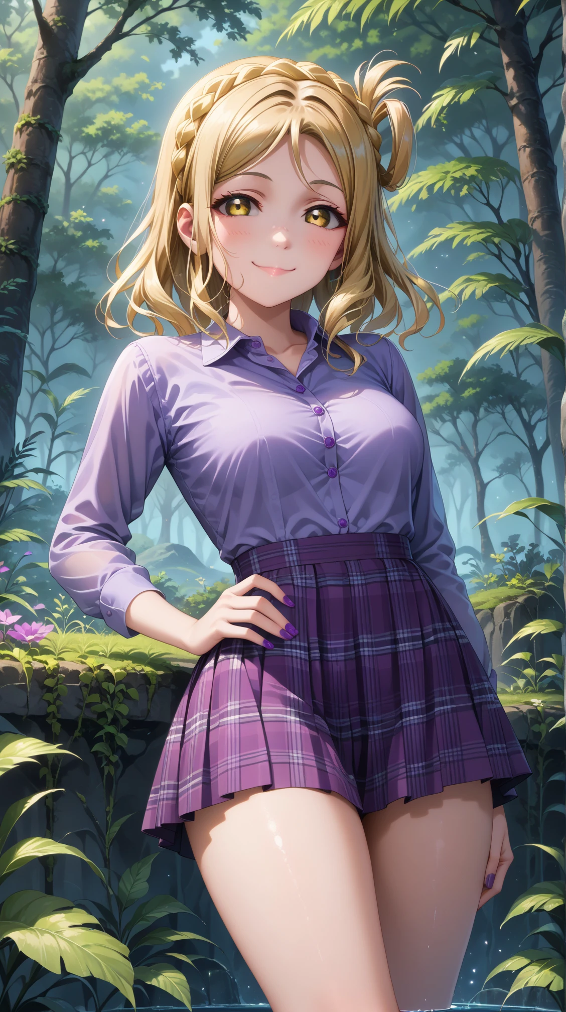 score_9, score_8_up, score_7_up, solo, 1girl, oharamari, blonde hair, yellow eyes, crown braid, hair rings, looking at viewer, medium breasts
purple shirt, long sleeves, long shirt, smile, buttons, plaid skirt, purpleskirt, miniskirt, closed mouth, collarbone, collared shirt, 
(thighs:1.5), feet out of frame, outdoors, greenery, (hand on hips:1.1), nail polish, purple nails, 
<lora:mari-04:1>