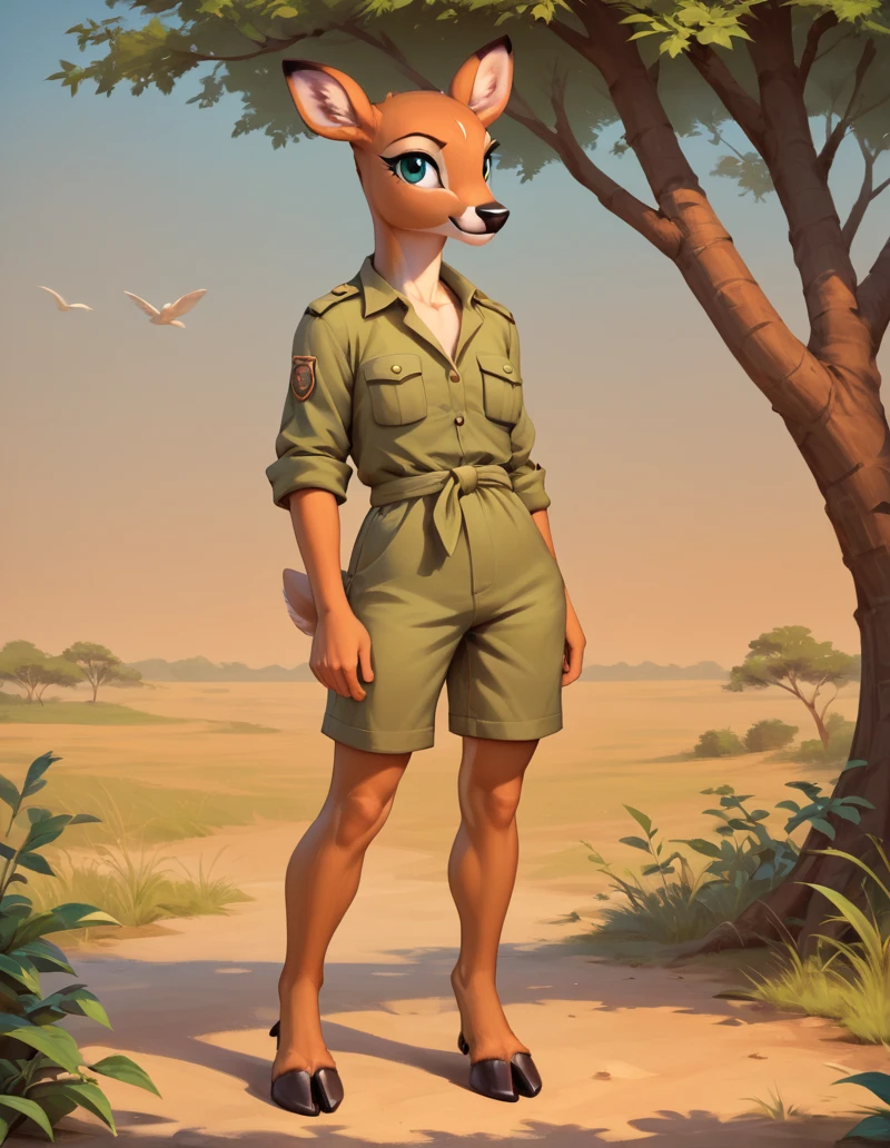 score_9, score_8_up, score_7_up, score_6_up, score_5_up, score_4_up, source_furry, rating_sfw, highly detailed, masterpiece, solo, 1girl, anthro deer female, safari_outfit, savannah, feral lions in background, <lora:Safari_Outfit_-_Female.safetensors:0.8:0.8>