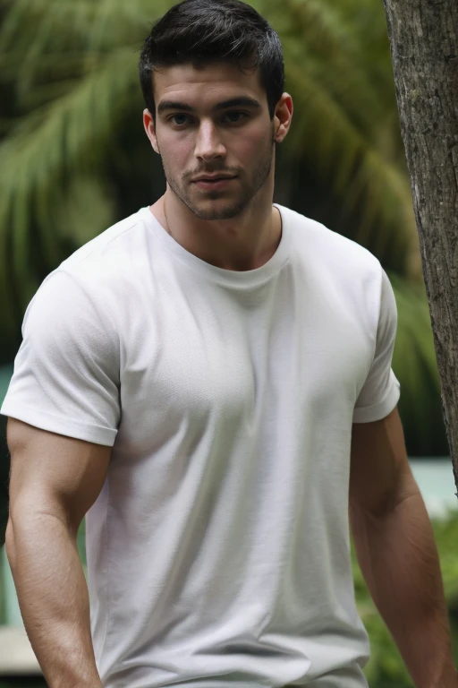 RAW photo, photograph of guy, portrait, (facial hair) High resolution handsome guy, highly detailed, white t-shirt, (look at viewer) natural morning, sunburnt,  blurry background, outdoors, <lora:bernardovelasco:0.8> bernardovelasco, (masterpiece,best quality:1.5)