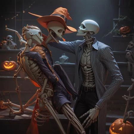 Score_9, score_8_up, score_7_up, claymation, 1boy, skeleton, wearing pinstripe suit, halloween background