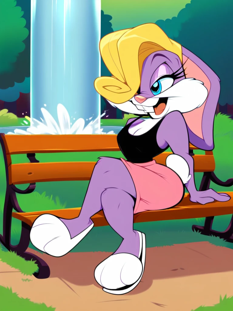 score_9, score_8_up, score_7_up, score_6_up, score_5_up, score_4_up , source_furry, Binky_Bunny, buck teeth, blonde hair, black tank top, pink skirt, pencil skirt, high heels, outdoors, grass, park bench, fountain, detailed background, detailed face, detailed eyes, <lora:binkybunny-v1:1>