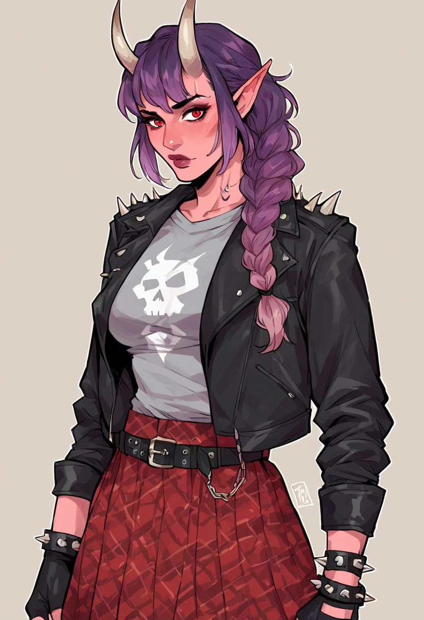 Score_9_up, score_8_up, score_7_up, score_6_up,  source_cartoon, BREAK 1girl, solo, Figfaeth, horns, pointy ears, red eyes, brown hair, purple hair, gradient hair, braid, bangs, colored skin, pink skin, devil tail, makeup, leather jacket, grey skull print shirt, spiked bracelets, fingerless gloves, belt, red plaid skirt,