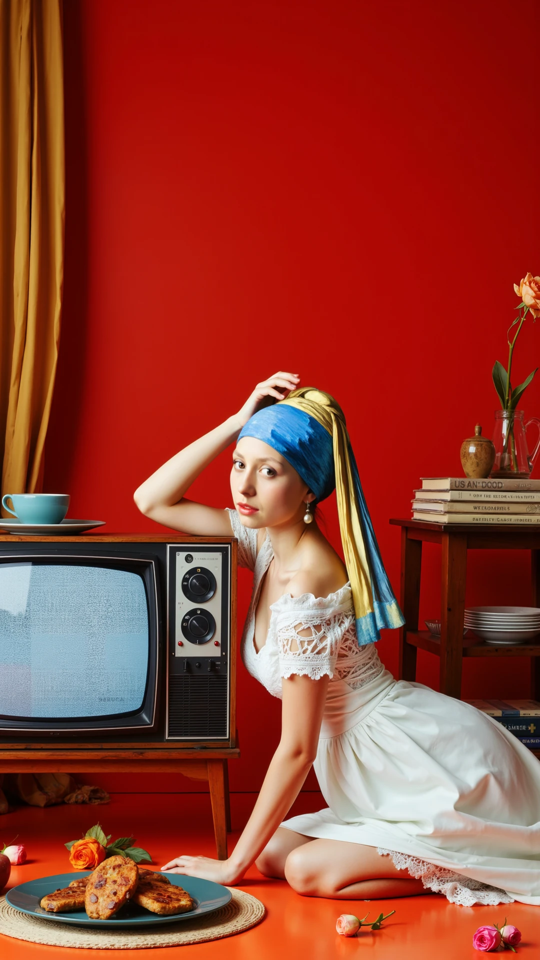 gwpe, bold and striking setting, "The Girl with a Pearl Earring" is reimagined in a modern, fashion-forward context. Her iconic face, framed by her classic blue headscarf, is now placed in a vivid, contemporary scene filled with warm tones and stylish decor. She is dressed in a delicate white dress, similar to the one in the reference image, which features intricate lace detailing and a soft, romantic silhouette.

She reclines casually on the floor, leaning against a vintage television set that displays static, adding a nostalgic touch to the scene. Her pose is relaxed yet elegant, with one arm resting on her head, enhancing the laid-back, yet fashionable vibe of the image. The background is a rich, vibrant red, which contrasts beautifully with the soft white of her dress and the blue of her headscarf, creating a visually arresting composition.

Around her, the setting is filled with carefully arranged details—a low table with plates of food, a rose lying nearby, and a stack of books beneath the television. These elements, combined with the bold color palette, add depth and character to the scene, making it feel both intimate and stylish.

The overall image is a captivating blend of classical art and contemporary fashion, where "The Girl with a Pearl Earring" is placed in a modern, vibrant environment that highlights her timeless beauty while also embracing the aesthetics of modern photography and design

