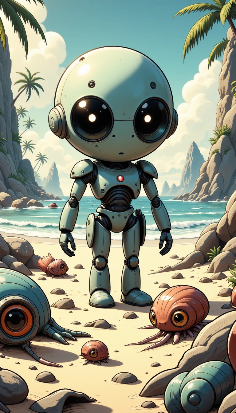 A comic book style of a humanoid robot exploring a beach strewn with alien shells