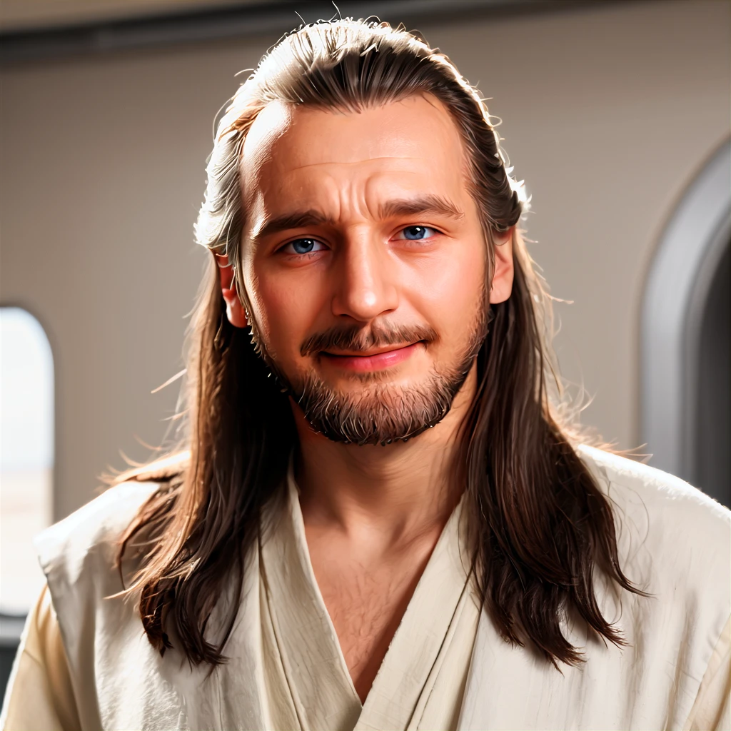 photorealistic, 4k UHD, <lora:SW_Qui-Gon_Jinn:1> qui-gon jinn standing with his hands out from his sides, star wars, male focus, gray hair, old man, facial hair, 1boy, beard, solo, long hair, realistic, mustache, brown hair, science fiction, blurry background, wry smile, character portrait, looking at viewer,