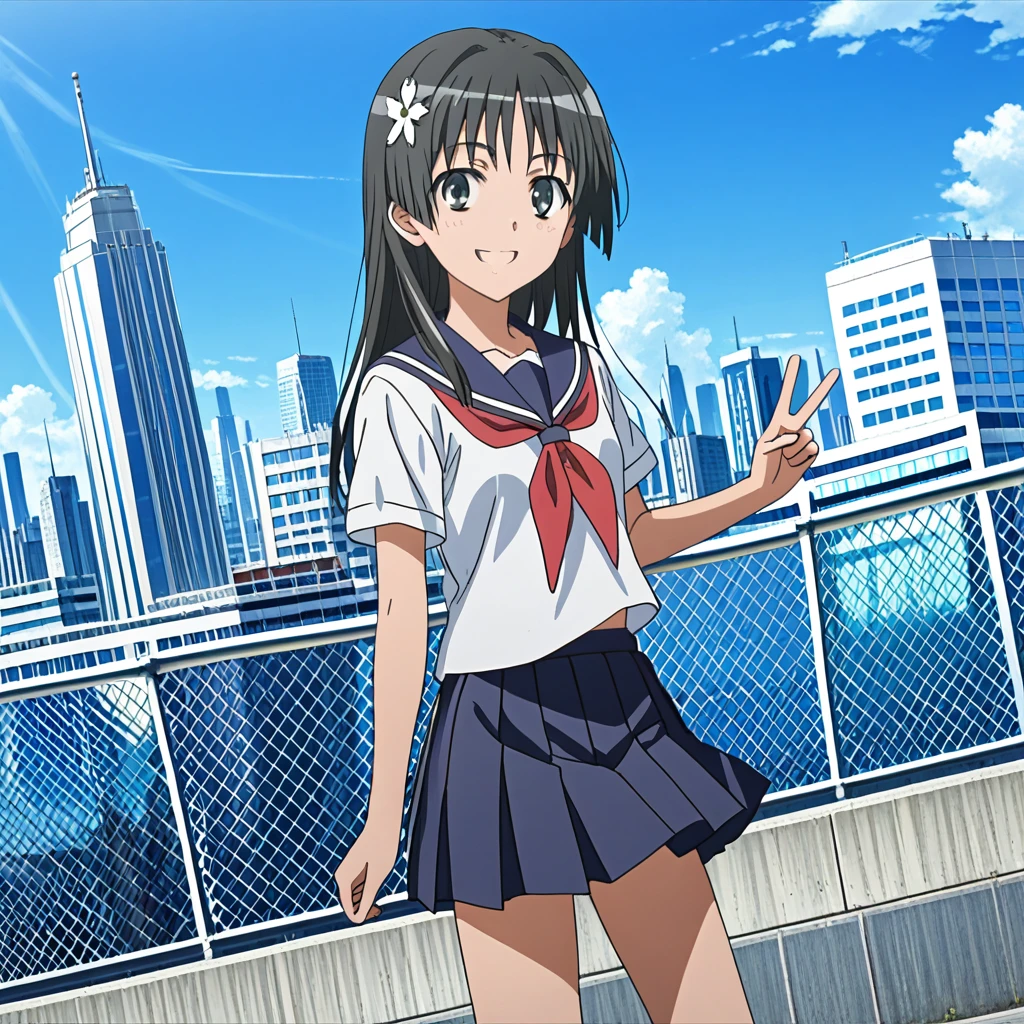 cityscape,outdoors,standing,smile,onehand_peace_sign,
slender, 1girl, dutch_angle, dynamic lighting,detailed_background,
highres,official_art, very_aesthetic,depth_of_field,caustics, natural_lighting,
<lora:add-detail-xl:1.5> saten_ruiko, hair_flower,sakugawa_school_uniform, short_sleeves,  
 <lora:Toaru_Saten_v10:1>