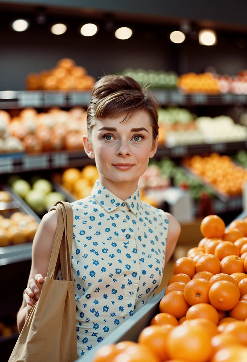 Audrey Hepburn browsing through the produce aisle in a modern grocery store, in a simple white and blue pattern dress, a tan cloth grocery bag over her left shoulder, inspecting some oranges, smiling slightly