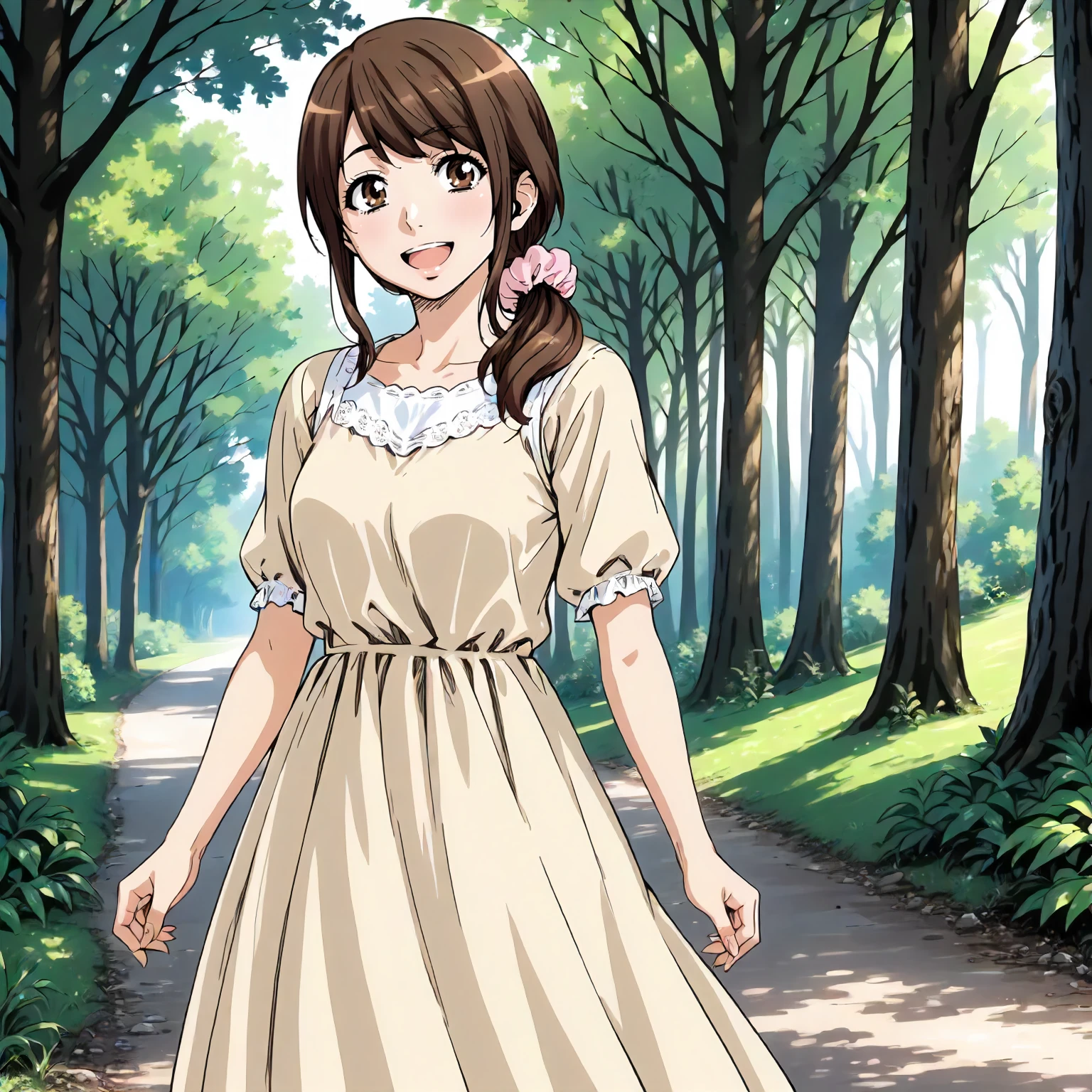 <lora:Us_SaekoXLpony003:0.8>,
outdoors,nature,
smile,open mouth,
solo,
Saeko,1girl,brown hair,low ponytail,hair scrunchie,brown eyes,
dress,