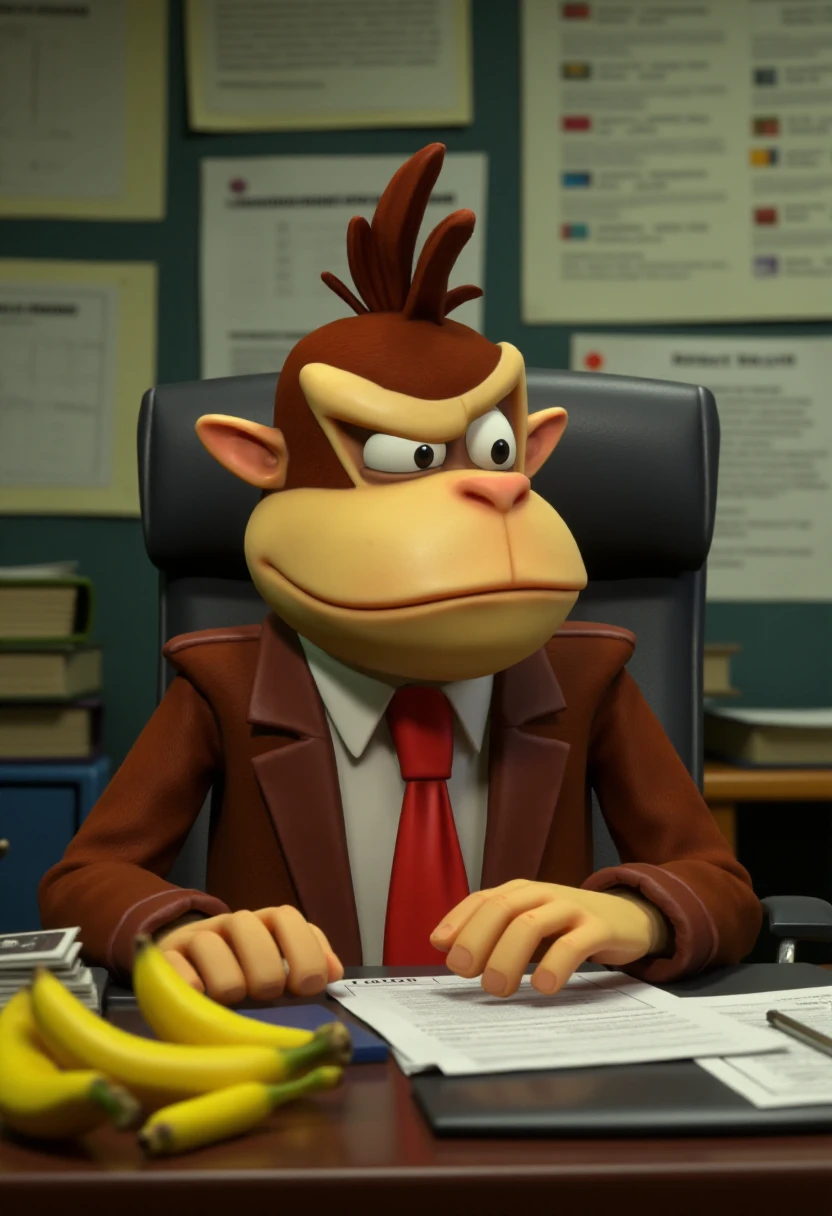 psychonautstyle, Donkey Kong wearing a red tie, in an office environment, sitting on an office chair. He is getting frustrated trying to complete his taxes. His desk has multiple bananas on it.   