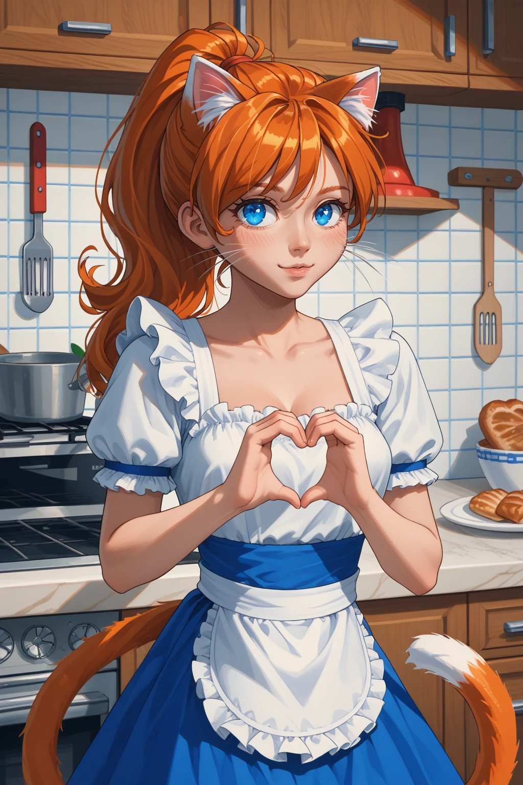 score_9, score_8_up, <lora:NSMechanicTerraria:1> NSMechanicTerraria, blue eyes, orange hair, ponytail, long hair, cat ears, whiskers, cat tail, waist apron, kitchen, indoors, blue skirt, white blouse, heart hands, looking at the viewer