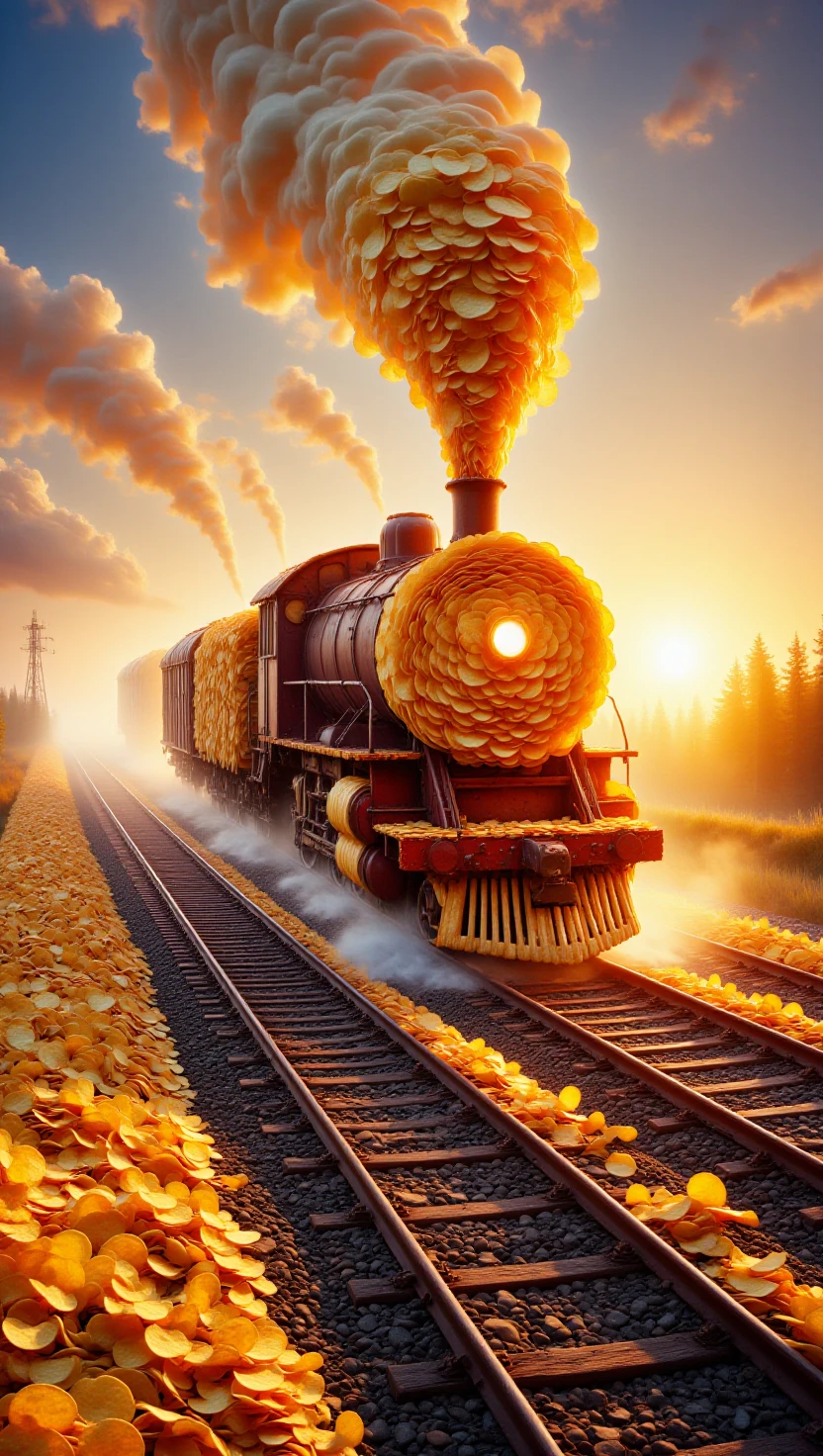 p1nkch1ps, made out of potato chips,a train speeding on railroad tracks, industrial, powerful engine, billowing smoke, vibrant colors, sunset glow