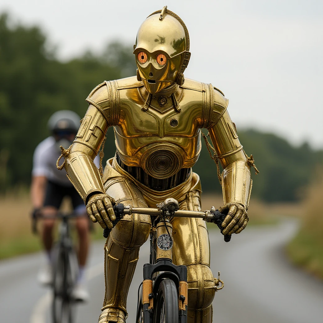 C3PO is riding a biclycle in the tour de france. Star wars. Highly detailed. Professional photography  <lora:C3PO:0.9>