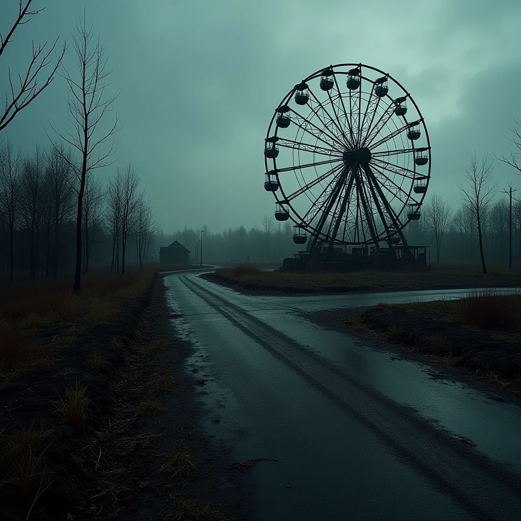 there is an abandoned dark burnt down old fairground with a decrepit ferris wheel with no humans, dark exterior scene, dried up blood on everything, ashes and dust covering everything, mist in the air, hyper realistic, horror environment, rusted silent hill, post grunge concept art, creepy environment, low-key dark lighting with shadows, extreme wide shot with Sony Fx6