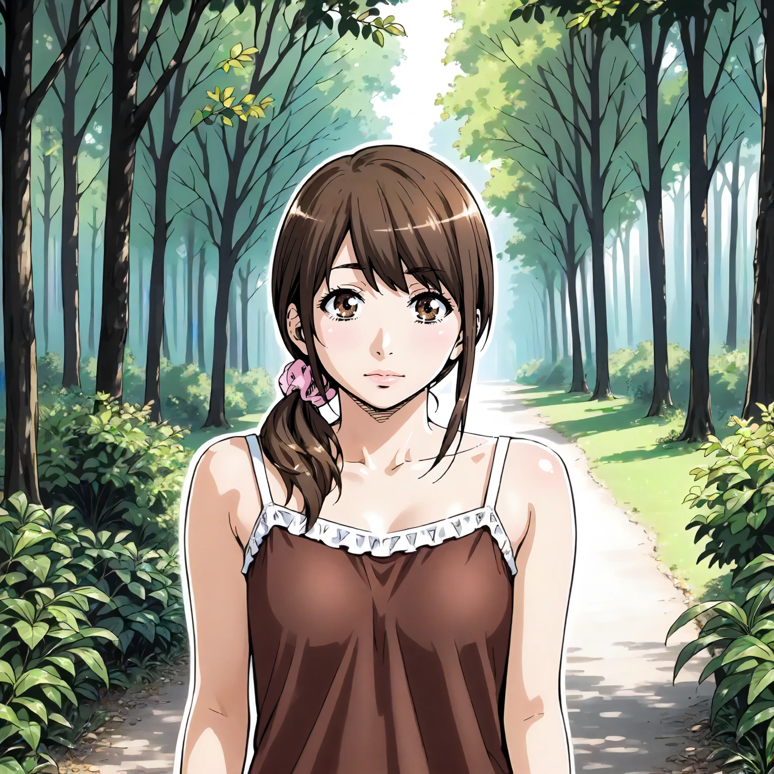 <lora:Us_SaekoXLpony003:0.8>,
outdoors,nature,
solo,
Saeko,1girl,brown hair,low ponytail,hair scrunchie,brown eyes,
camisole,