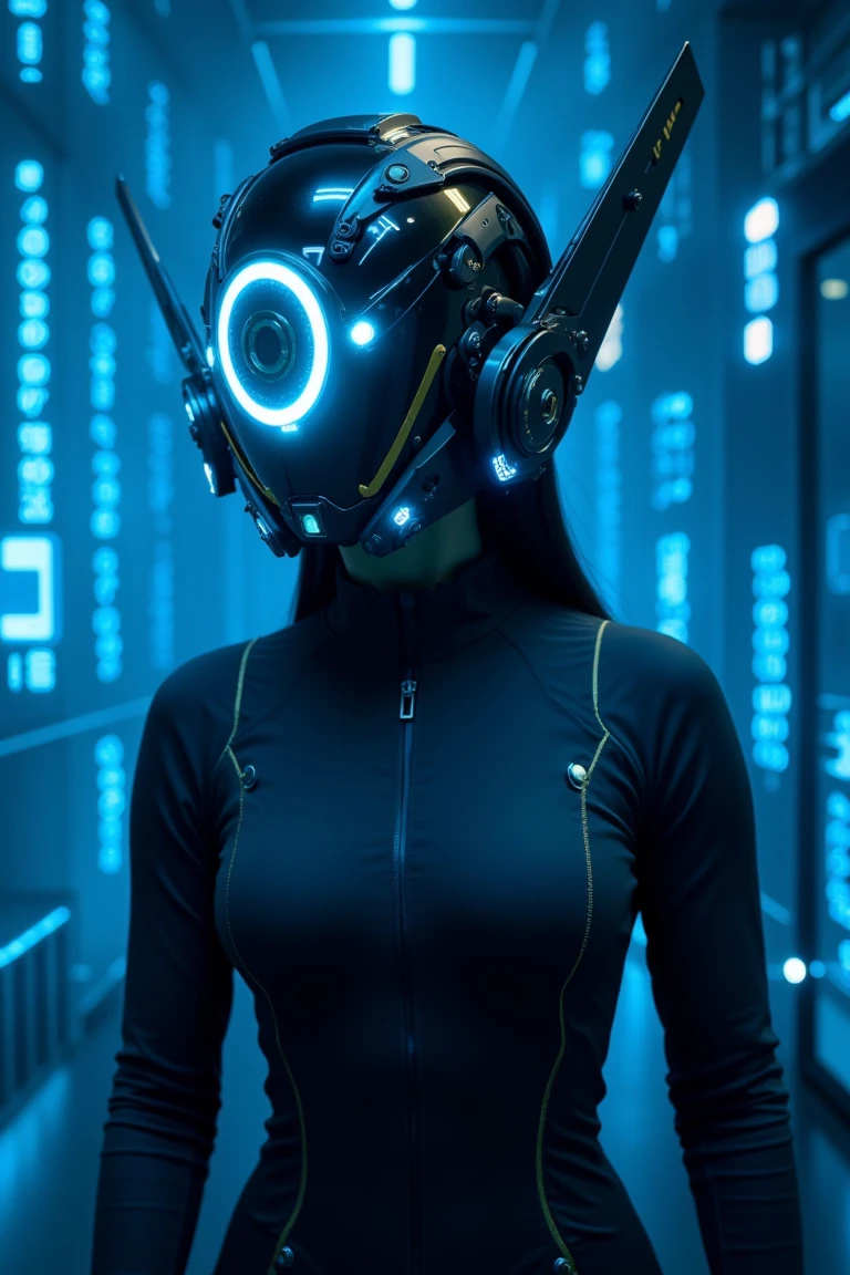 A realistic cosplay helmet with a sleek, aerodynamic design, featuring a matte black and gunmetal color scheme. The helmet has a glowing blue LED ring at its center with a circular symbol inside, surrounded by additional white and light blue lights. The side components of the helmet resemble advanced sensory equipment or communication units, crafted with precise, metallic detailing. The figure is wearing a form-fitting, high-tech dark navy bodysuit designed for a woman, with subtle gold accents along the seams. She is standing in front of a blue, hacker-themed background, filled with code, digital patterns, and glowing data streams. The helmet's lights cast soft blue and white hues, blending with the cybernetic atmosphere of the scene,cyberhelm