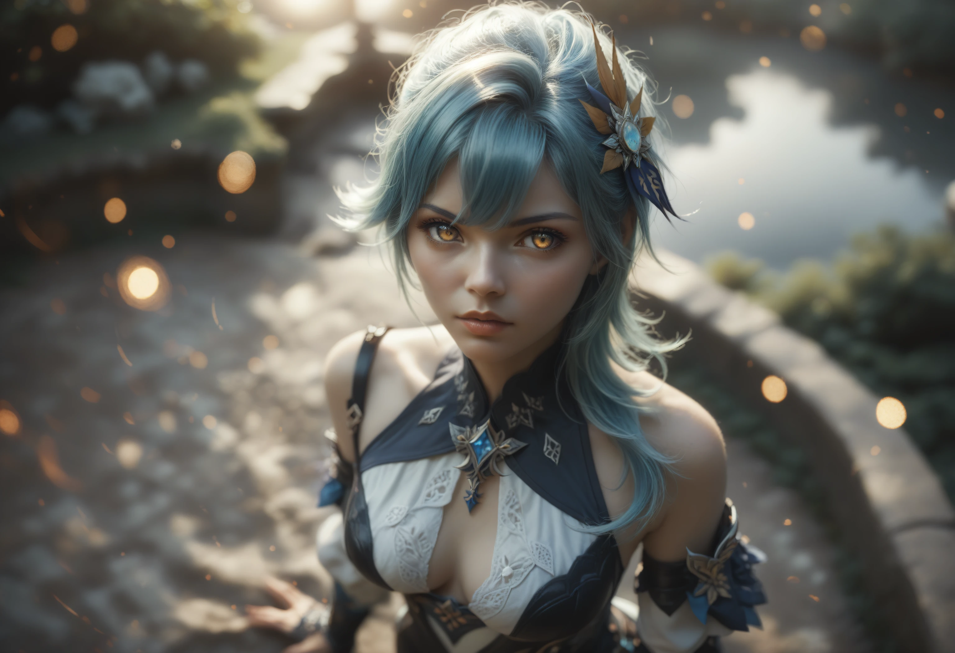 score_9, score_8_up, score_7_up, embedding:d4113, 1girl, eula_\(genshin_impact\), genshin_impact, 1girl, blue_hair, yellow_eyes, from above, standing, outdoors, interstellar space