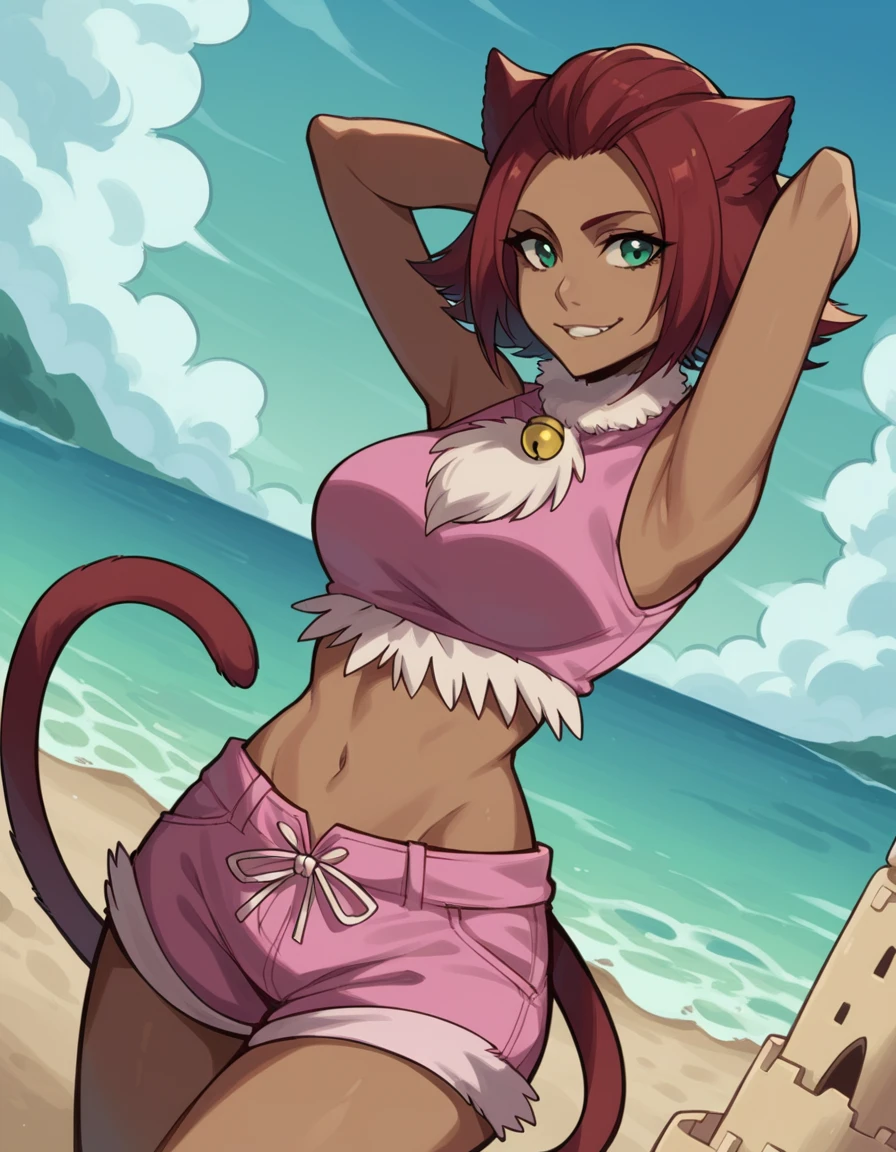 score_9, score_8_up, score_7_up, source_anime, <lora:haineko-anime-ponyxl-lora-nochekaiser:1>, haineko, short hair, red hair, animal ears, tail, cat ears, cat tail, green eyes, dark skin, dark-skinned female,, navel, midriff, fur, crop top, sleeveless, detached sleeves, shorts, pink shorts, pink crop top,, beach, sand castle, swimsuit, summer vacation, ocean wave, hands behind head,, smile, looking at viewer, foot forward, hand on shoulder, elbow out, solo,, cowboy shot, dutch angle