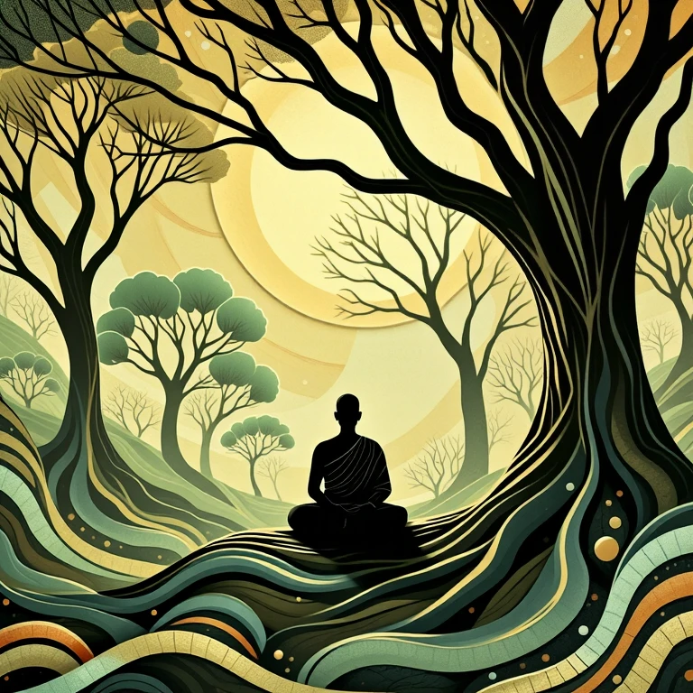 Silhuflowart, A monk meditating under a tree in a secluded forest