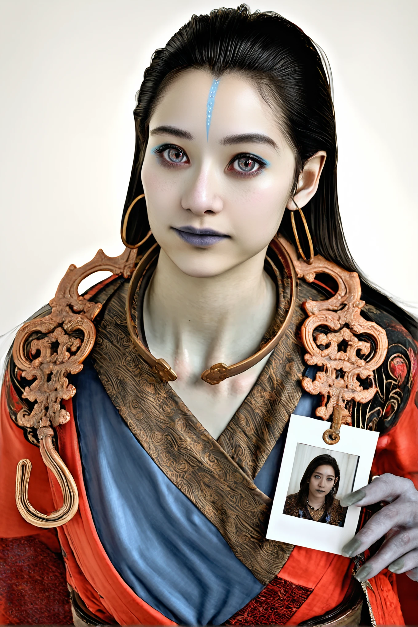 8k, best quality, masterpiece, (ultra-detailed), (high detailed skin), vivid color, realistic, 
looking at viewer, (solo:1.3), white background, simple background, 
<lora:kangjin2-atw2-Tanger:0.8>, kjlniang, default clothes, red hanfu, grey skin, 1girl, black hair, jewelry, colored skin, 
  upper  body, looking at viewer, id photo,