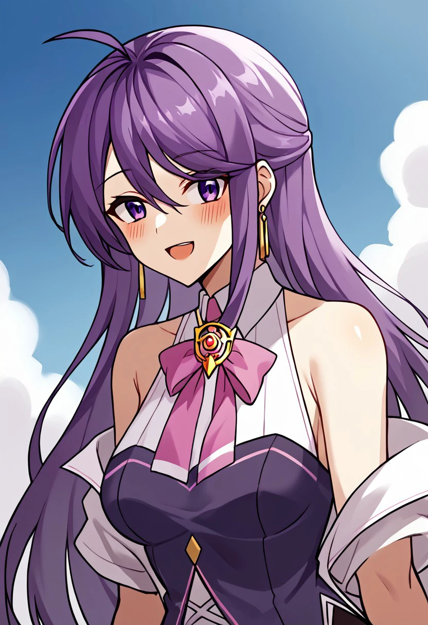 masterpiece, score_9, score_8_up, anime, source_anime, detailed face,  aisha landar, aether sage \(elsword\),  1girl, solo, long hair, very long hair, purple hair, ahoge, hair between eyes, purple eyes, open mouth, blush, bare shoulders, medium breasts, wide hips, thick thighs, earring, gold earring, white dress, purple dress, necklace, golden necklace, bowtie, pink bowtie, half body, upper body focus, looking at viewer, smiling, BREAK, blue sky, field, livid,