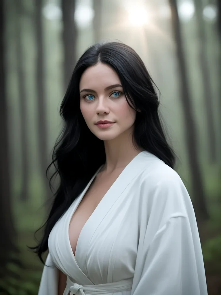 score_9, score_8_up, score_7_up, ziprealism, photo, photorealistic, Kiree, A portrait photo of a seductive Jedi woman, long black hair, light blue eyes, large breasts, serene expression, white robe, brown accents, forest background, sunlight diffused through trees, <lora:KFP20:0.8>