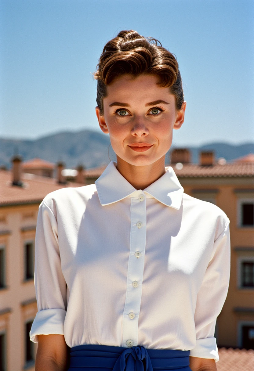 extremely detailed, highest detailed photo, brown hair, white shirt, blue skirt, blue sky, roma city, roman holiday,shiny skin, looking at viewer, Audrey Hepburn, walking, hepburn hairstyle, standing rooftop, from above, smile