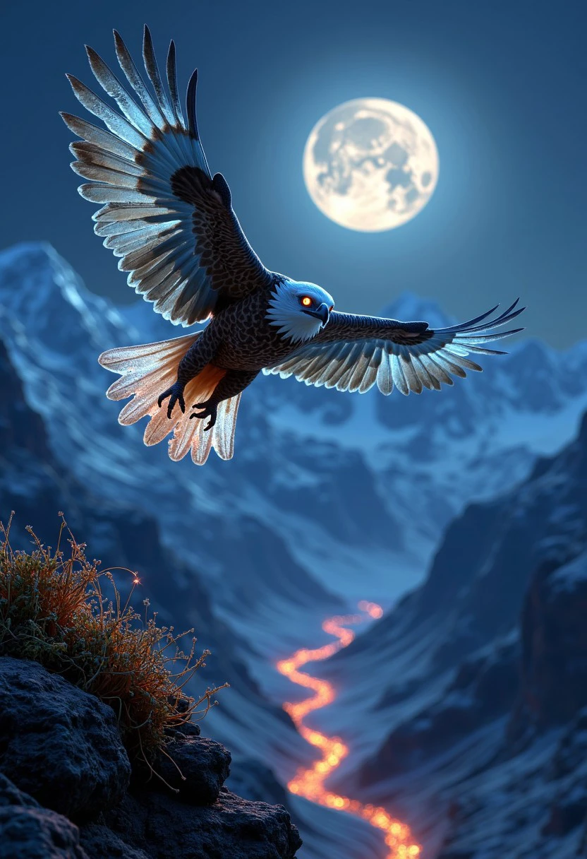 Picture a powerful eagle soaring high above a moonlit mountain range, its wings glowing with bioluminescent feathers that light up the night sky. The eagle’s feathers radiate with a soft, bluish-green glow, creating a dazzling display of light with every beat of its wings. Its eyes are bright orbs of light, scanning the landscape below with a piercing, almost supernatural intensity. As the eagle flies, its tail feathers leave behind a trail of sparkling light, like a comet streaking across the night sky. Below, the rugged mountains and valleys are bathed in the soft glow of bioluminescent plants, their light reflecting off the snow-capped peaks. The scene is both majestic and haunting, a perfect blend of the natural world and the mysterious glow of bioluminescence.