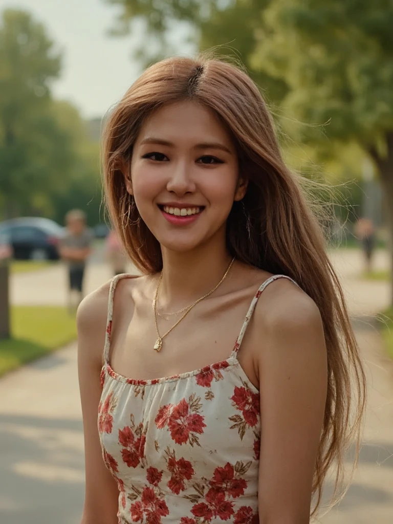 Portrait of blaros woman posing for the camera. She has long hair and is wearing a cute summer dress with floral pattern. She is walking through a park that can be seen blurry in the background. Her hair are waving in the wind exposing her beautiful earrings and necklace. She is smiling at the camera. The setting is a summer day and the lighting reflects the sun in daylight.