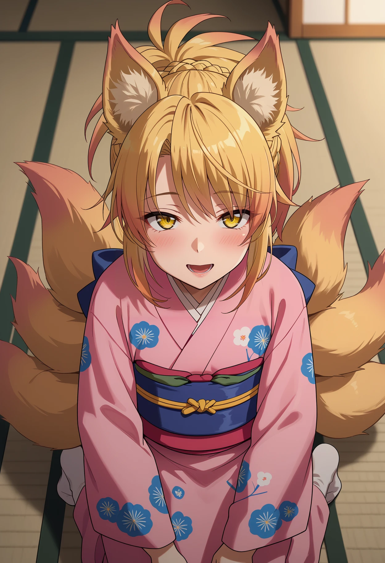 score_9, score_8_up,
<lora:HighschoolDxD_KunouXL:0.9>,
1girl, solo, open mouth, light smile, blush,
ponytail, blonde hair, braid, yellow eyes, fox ears, multiple tails, fox tail,
KunouKimono, print kimono, pink kimono, blue sash,
kneeling, looking at viewer, from above, close-up,
blurry background, indoors, tatami