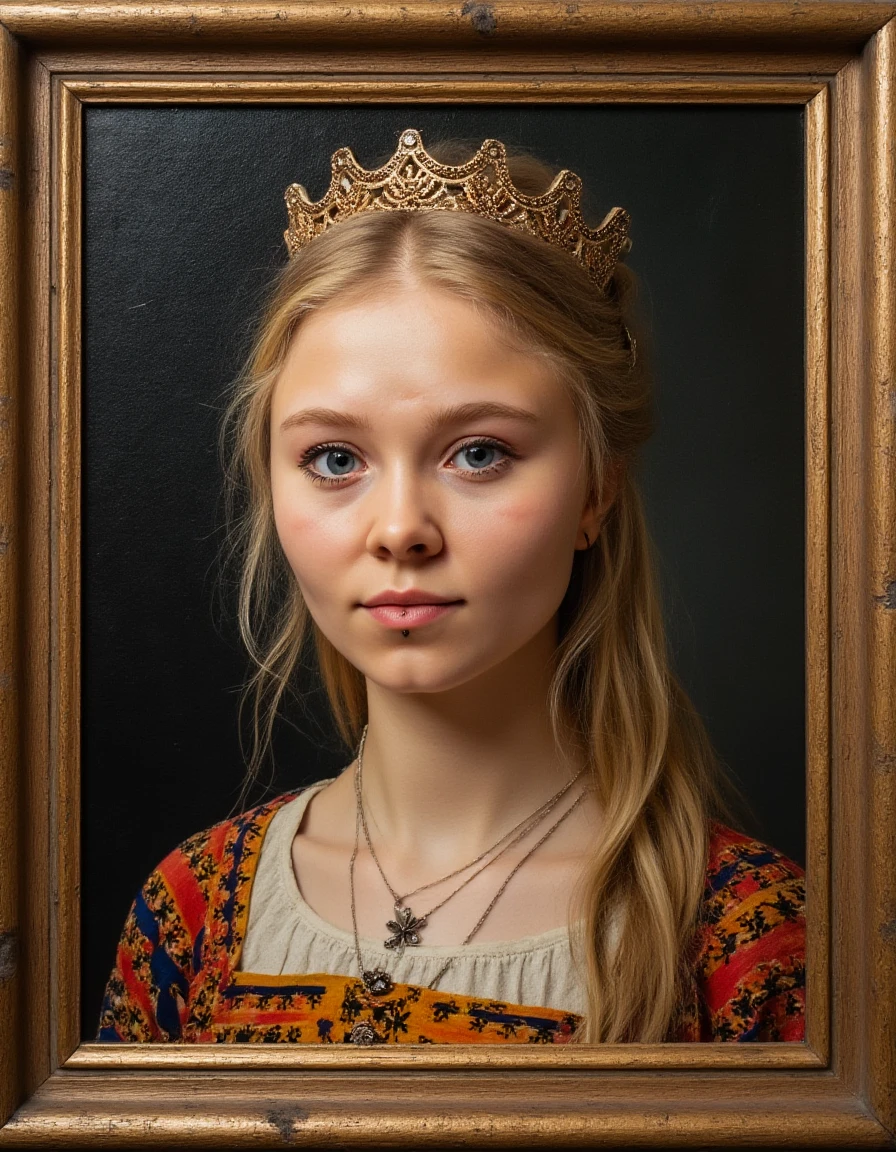 an oil painting of aimeevanbaalen as a renaissance princess. The painting is painted in the style of renaissance artists. aimeevanbaalen is wearing colorful, royal clothes and a princess crown. She has light blonde hair. She is is smiling. The canvas shows thick brush strokes of oil color and chiaroscuro lighting. The painting is painted on cavas, which shows its mesh texture. The painting is inside an ornate golden frame from the renaissance art era as well.