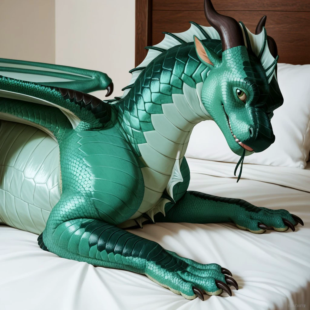 core_9, score_8_up, score_7_up, score_6_up, masterpiece, high quality, realistic, detailed, best quality, 1boy, solo, rating_explicit, source_furry, bedroom, smiling, seductive, looking at viewer, lying on bed, Seawing, Seawing scale pattern, dragon, scales, wings, horns, tail, fins, claws,Turtle_wof, green scales, male, negative_hand, lying on bed, looking at viewer, feral, nude, green iris, penis, precum, (green penis), body fins, glowing scales