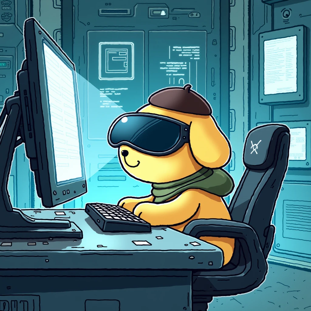 POMPOMPURIN in a futuristic, sci-fi world, sitting in front of a high-tech computer with holographic screens. He wears a sleek visor along with his signature floppy ears and small beret, typing rapidly as if hacking into a complex system. The illustration should be in the style of a sci-fi novel, with detailed and imaginative elements that capture the intensity and futuristic atmosphere of the scene.