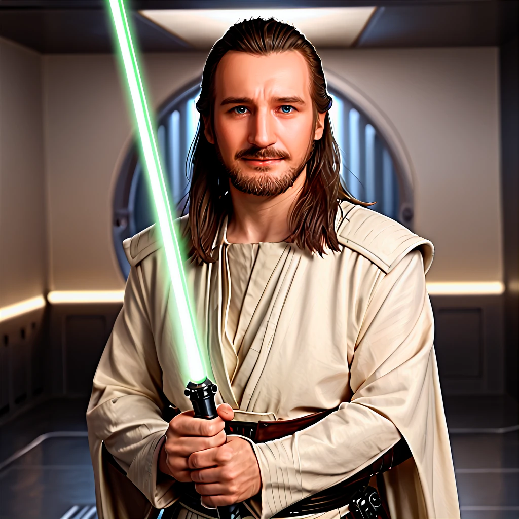 <lora:SWTOR_Resilient_Warden:.5> photorealistic, 4k UHD, <lora:SW_Qui-Gon_Jinn:1> qui-gon jinn standing holding his lightsaber in hand raised at the ready, star wars, male focus, facial hair, 1boy, beard, solo, long hair, realistic, mustache, weapon, holding lightsaber, brown hair, pauldrons, armor, shoulder armor, breastplate, science fiction, blurry background, wry smile, character portrait, looking at viewer,  break, <lora:SW_Imperial_Style:1> imperial-style, imperial-tech, star wars, indoors, door, ceiling, reflection, dark, interior, night <lora:PerfectEyesXL:1>