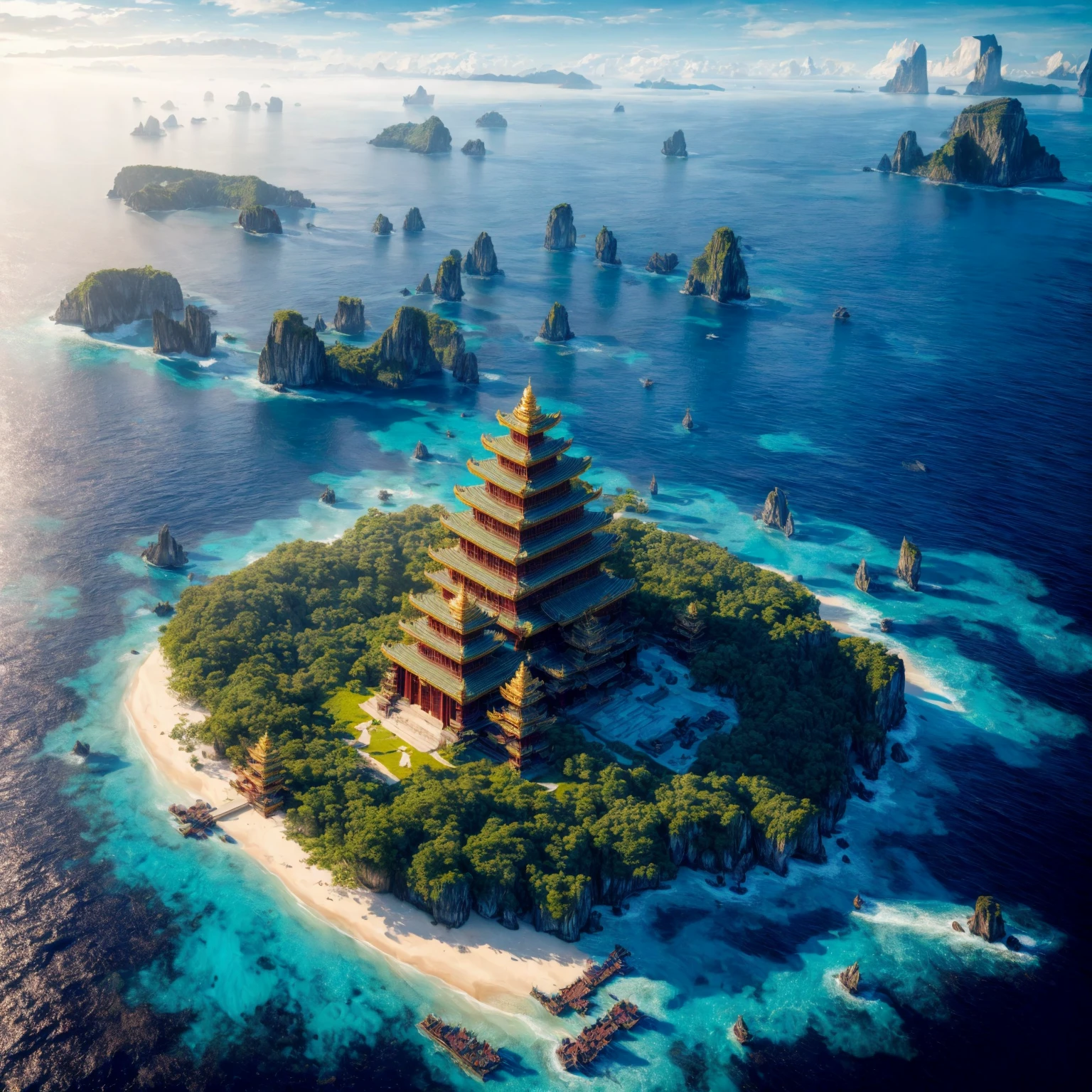 (a huge and splendid temple), (is standing majestically on a lone island), (in the middle of the vast ocean), <lora:pwepwv2:0.8>, elementalplanewater, <lora:more_details:0.6>, high quality, highres, masterpiece, best quality, 8k, intricate, detailed, <lora:add_detail:0.6>, very detailed