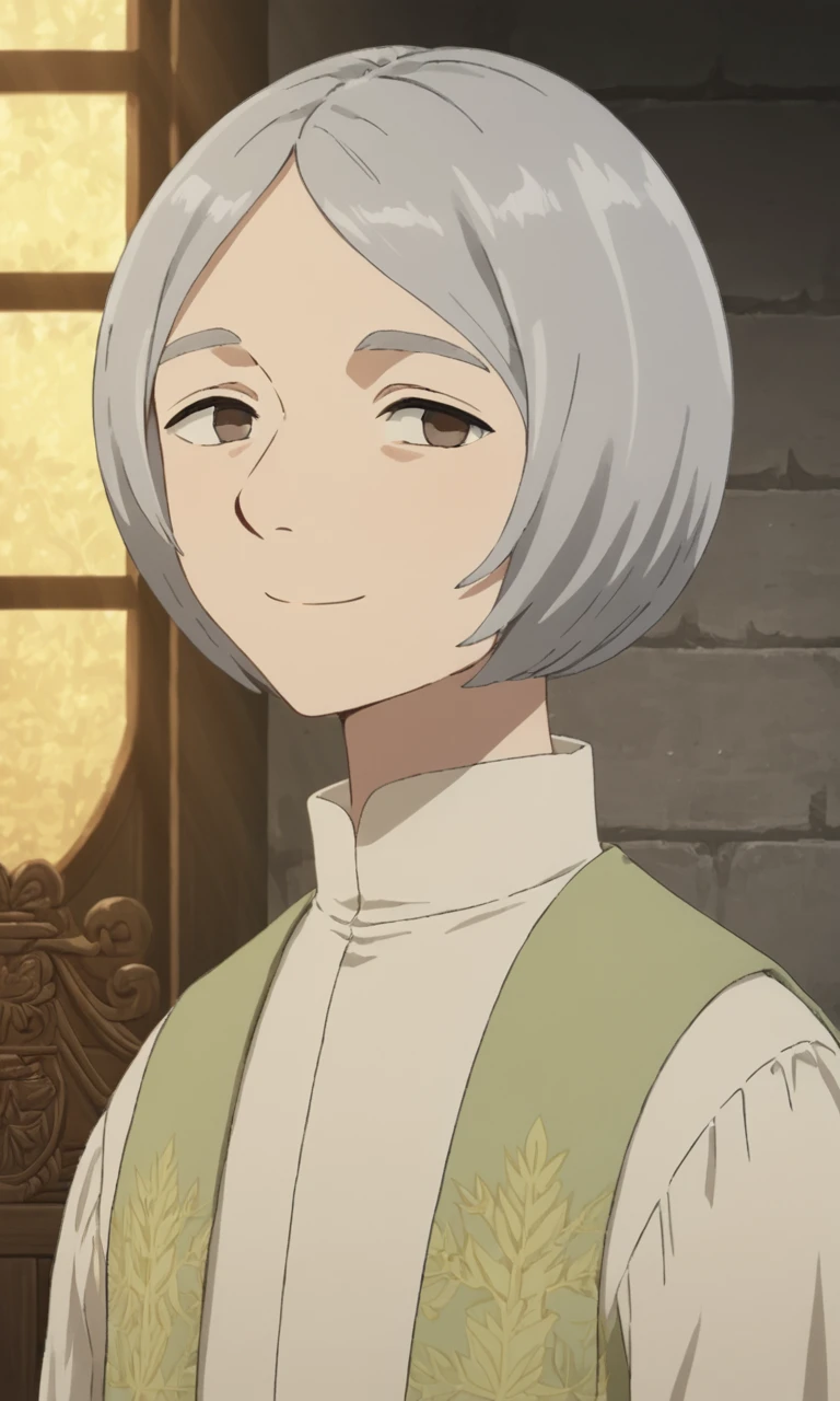 score_9, score_8_up, score_7_up, source_anime, anime illustration, masterpiece, best quality, lots of details, medieval castle, BREAK
1boy, solo, 18 years old, femboy:0.1, adult, yaaddm, grey hair, long sleeves, short hair, smile, looking at viewer, floral print, closed mouth, brown eyes, side view