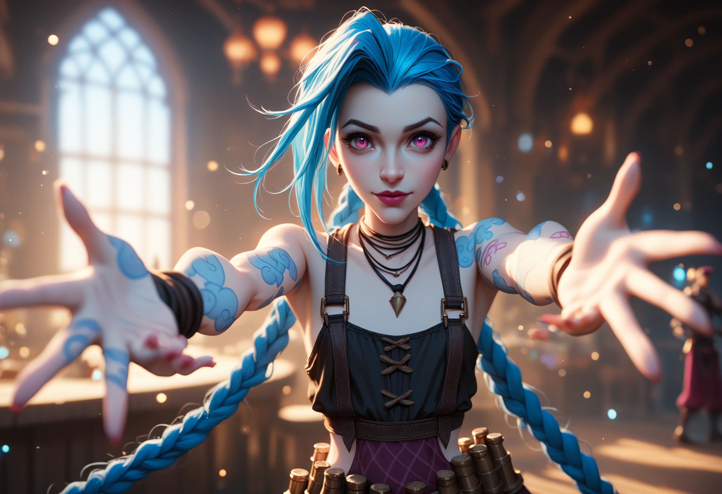 score_9, score_8_up, score_7_up, embedding:d4113, 1girl, jinx_\(league_of_legends\), league_of_legends, 1girl, blue_hair, pink_eyes, three quarters view, outstretched arms, indoors, fantasy marketplace