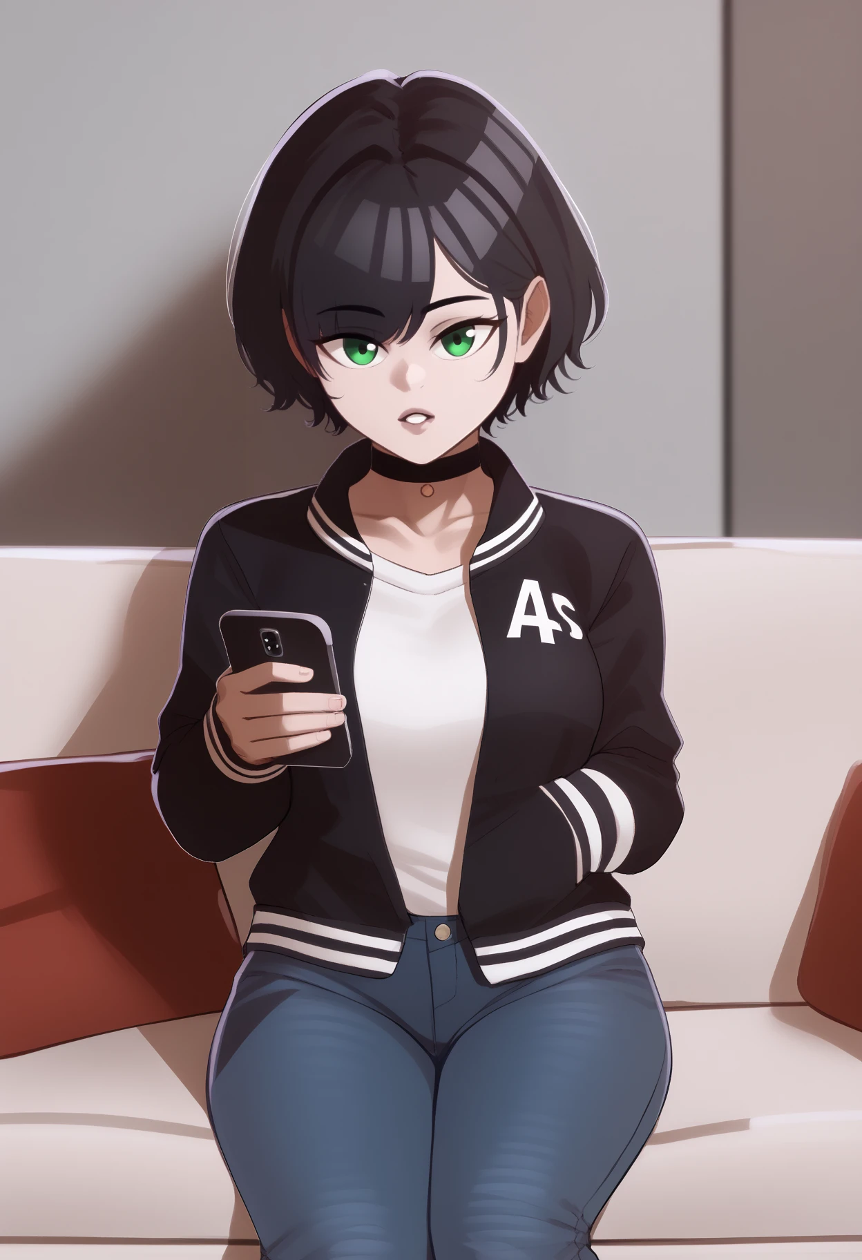 score_9, score_7_up, <break> solo, 1girl, parted lips, looking at viewer, sitting, couch, holding phone, short hair, black hair, green eyes, letterman jacket, long sleeves, jeans, black choker, indoors
 <segment:yolo-face_yolov8m.pt,0.4,0.5//cid=1>