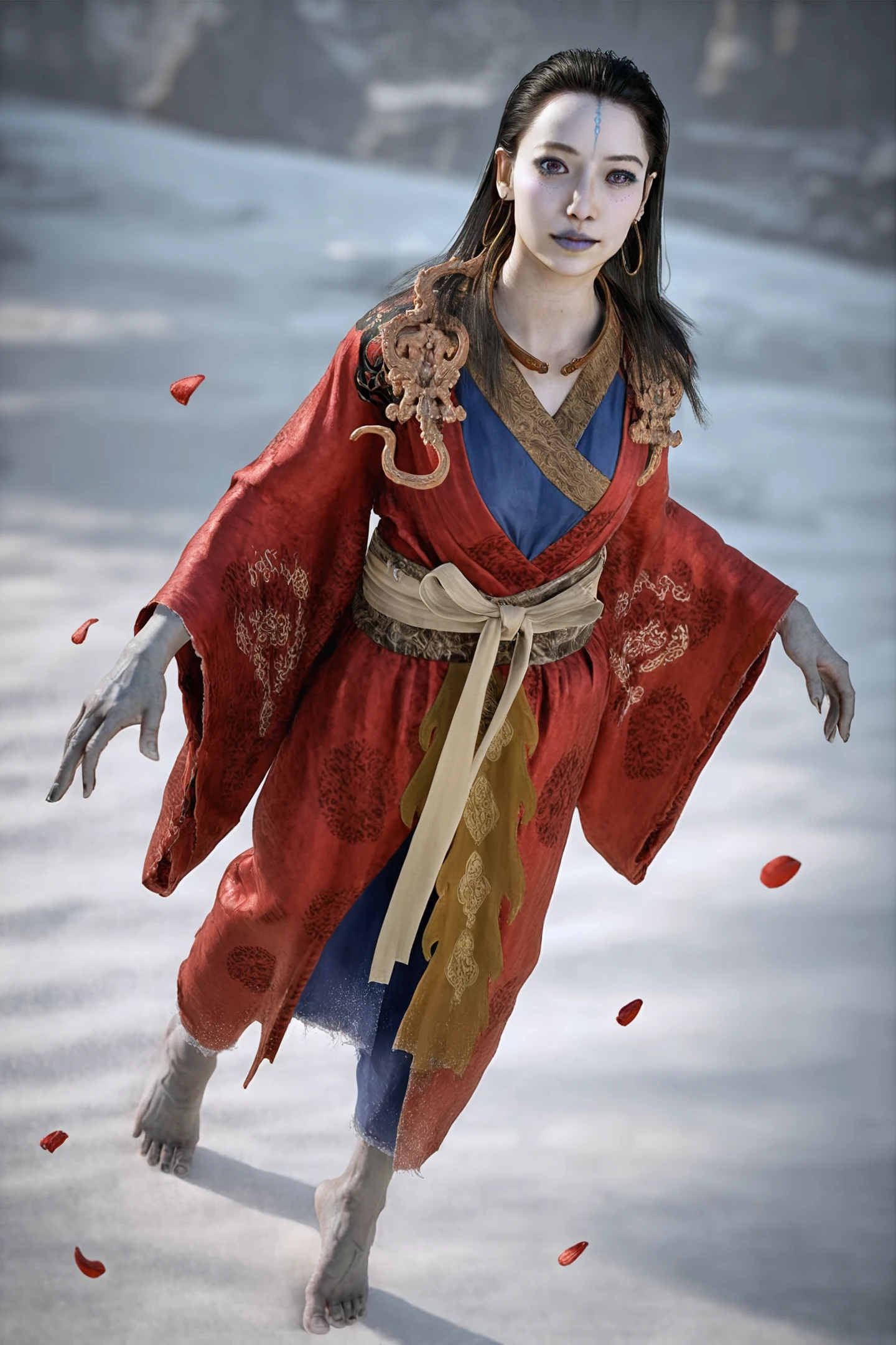 8k, best quality, masterpiece, (ultra-detailed), (high detailed skin), vivid color, realistic, 
looking at viewer, (solo:1.3), 
<lora:kangjin2-atw2-Tanger:0.8>, kjlniang, default clothes, red hanfu, grey skin,  barefoot, 1girl, black hair, jewelry, colored skin
white background, petals flying, standing, full  body, looking at viewer, close-up, dynamic angle, cleavage,