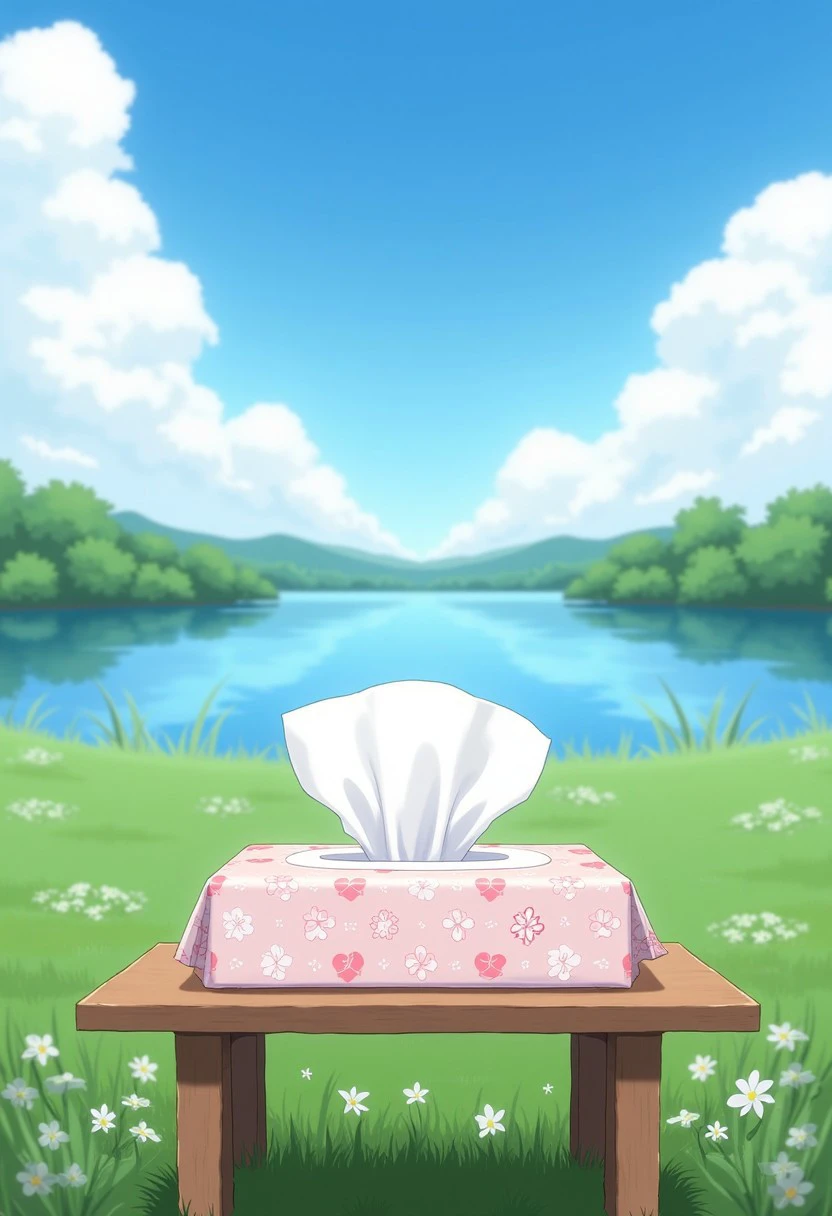 caodi,style_01,A pack of tissues is placed on the exhibition stand,with blue sky and white clouds,lake water,outdoor,high resolution,very detailed,realistic,masterpiece,the best quality,grassland,small white flowers,