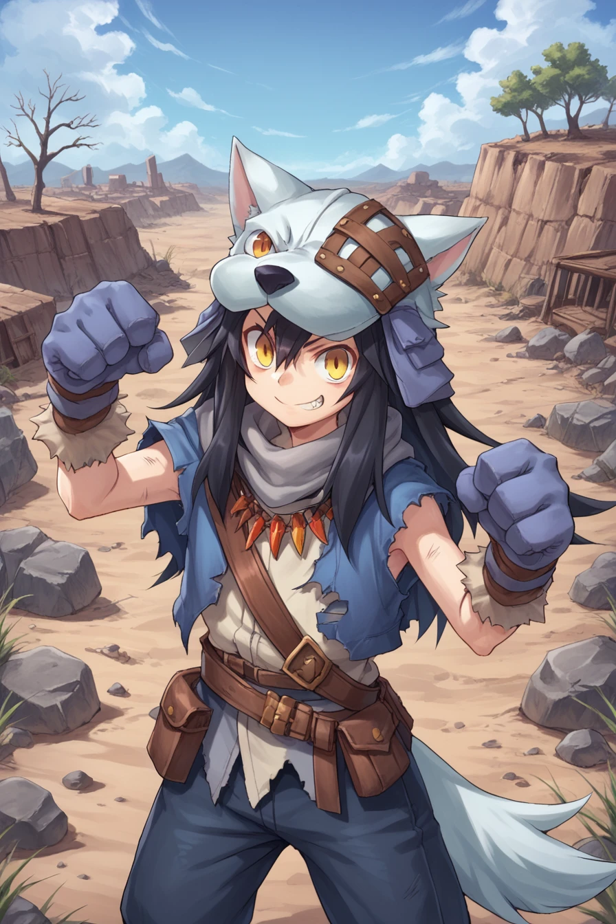 score_9, score_8_up, score_7_up, score_6_up, source_anime, BREAK, <lora:FlunkyPonyXL:0.75> , fludef, 1boy, black hair, long hair, yellow eyes, wolf hat, wolf hood, wolf pelt, wolf tail, grey scarf, bandana around neck, necklace, tooth necklace, fur trim, blue vest, torn clothes, paw gloves,  smile, closed mouth, looking at viewer, happy, scenery, exterior, wasteland, desert, shrubs, dead trees, (solo), <lora:backgroundsetXL:0.25> , background, village, wasteland, desert,  <lora:y0tt4:0.6> , y0tt4, cowboy shot, (dynamic pose, action pose),