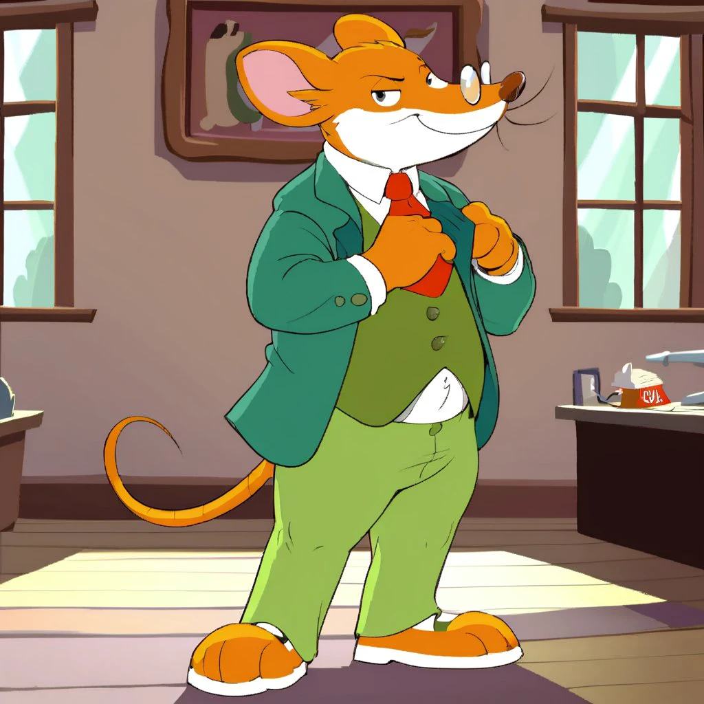 <lora:Geronimo_Stilton_-_Pony_XL:1> score_5_up, Score_6_up, Score_7_up, Geronimo stilton, 1boy, solo, male, furry, orange fur, white belly, white muzzle, whiskers, glasses, red necktie, green jacket, green vest, green pants, brown shoes, rat tail, black eyes, standing, office, adjusting clothes, smirk,