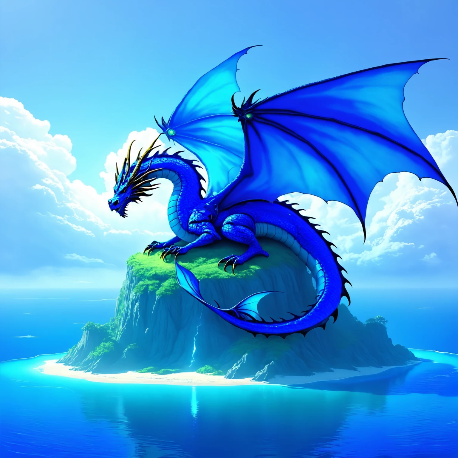 (a giant winged blue dragon), (is sitting on a lone island), <lora:epwsdxl:0.8>, elementalplanewater, best quality, masterpiece, 4k, uncensored, prefect lighting, rating_explicit, very aesthetic, detailed, <lora:add_details_xl:0.6>, very detailed, <lora:SDXLHighDetail_v5:0.6>